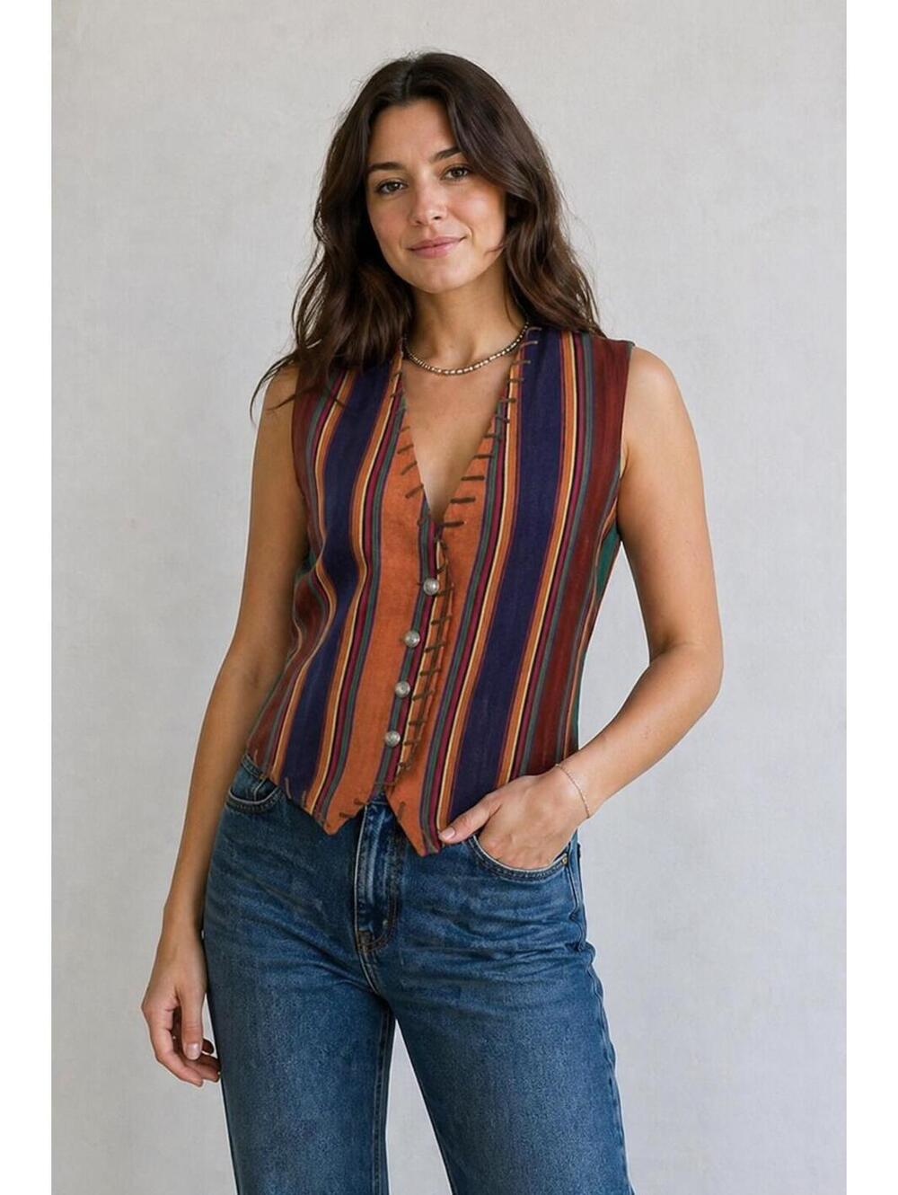 Vintage Contrasts Southwest Vest Lace Up Striped Medium